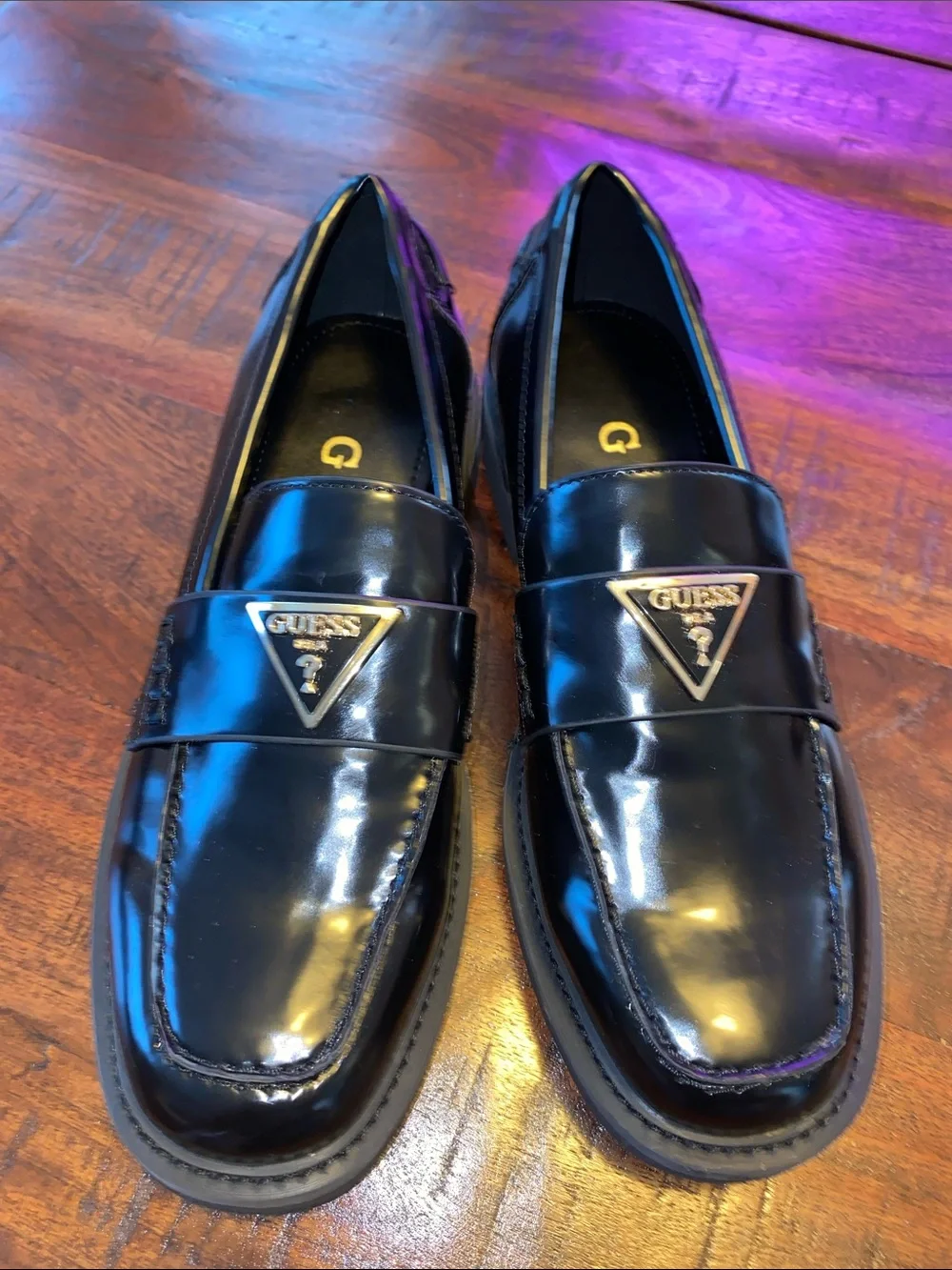 GUESS Black Patent Loafers with Gold Triangle Logo